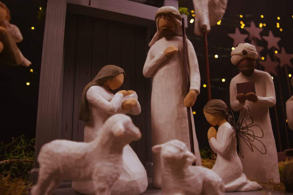 Nativity scene from the Bible, with stars shining brightly on the sky
